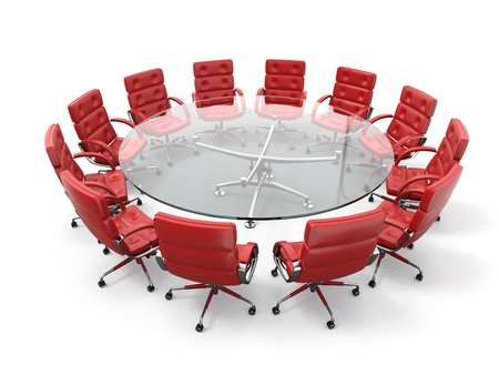 Concept of business meeting or brainstorming  Circle table and red armchairs  3dの写真素材