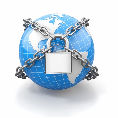 Internet security comcept. Earth and lock on white isolated background. 3dの写真素材