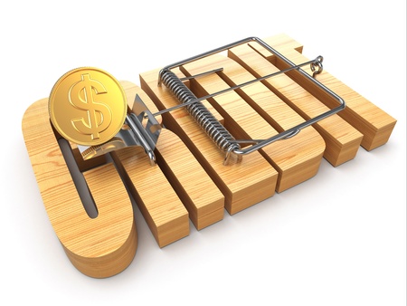 Credit concept. Coin and mousetrap on white isolated background. 3dの写真素材