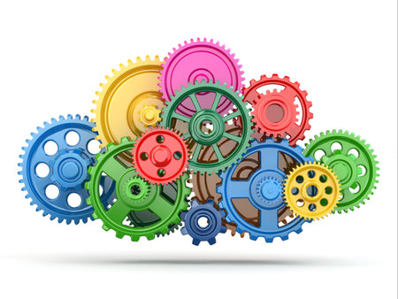 Perpetuum mobile. Color gears on white isolated background. 3d
