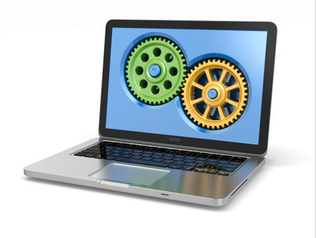 System properties concept. Laptop and gears. 3d