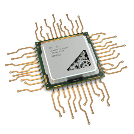 CPU. Gears inside processor on white isolated background. 3d
