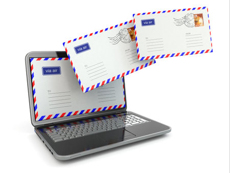 E-mail concept. Laptop and envelopes on white isolated background. 3d