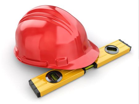 Construction concept. Hardhat and carpenter's level. 3d