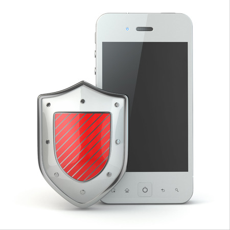 Mobile phone security concept. Cellphone and shield. 3dの写真素材