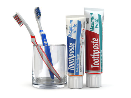 Dental protection, Toothpaste and toothbrushes on white isolatedのeditorial素材