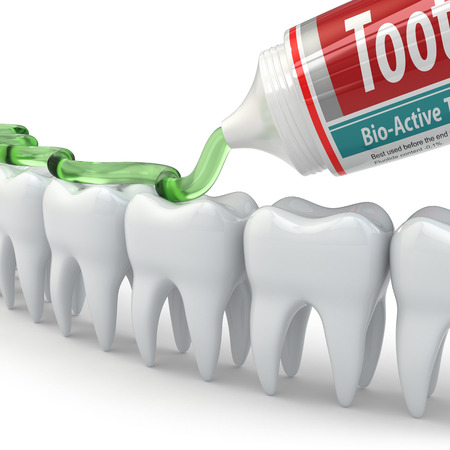 Dental protection, Teeth and toothpaste on white background. 3dの写真素材
