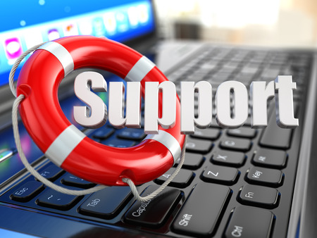 Support. Laptop and lifebuoy on laptop's keyboard. 3dの写真素材