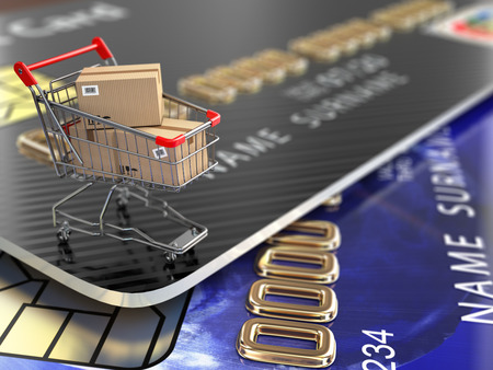 E-commerce. Shopping cart and credit cards. 3dの写真素材