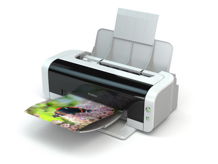 Color printer prints photo on white isolated background. 3d