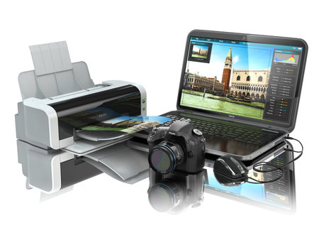 Laptop, photo camera and printer. Preparing images for print. 3d