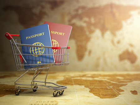 Passports in shopping cart with DOF effect. Paperwork to emigrate. 3dの写真素材
