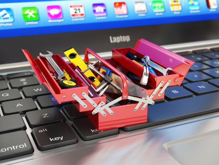 Laptop and toolbox with tools. Online support. 3d