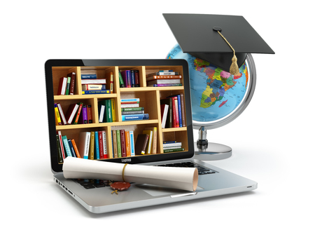 Education concept. Laptop with books, globe, graduation cap and diploma. 3d Education concept. Laptop with books, globe, graduation cap and diploma. 3d