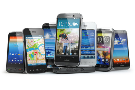 Choose mobile phone. Row of the different smartphones. 3d Choose mobile phone. Row of the different smartphones. 3d