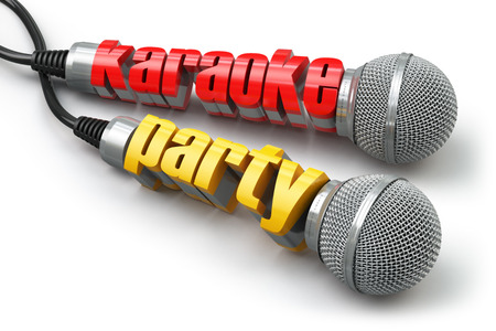 Karaoke party concept. Two microphones with text. 3dの写真素材