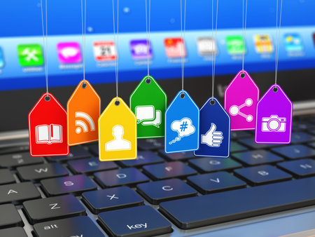 Social media internet communication concept. Laptop and signs of apps on the labels. 3dの写真素材