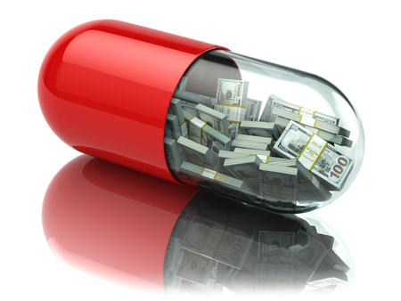 Dollar packs in the capsule, pill. Healthcare costs or financial aid concept. 3dの写真素材