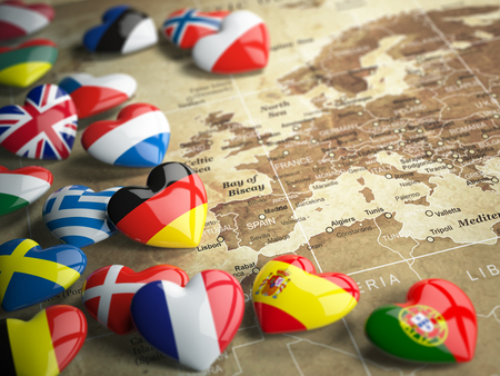 Map of Europe and hearts with flags of european countries. Travel EU concept. 3d