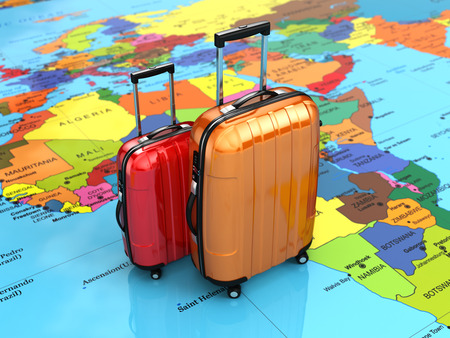 Travel or tourism concept. Luggage on the world map. 3dの写真素材