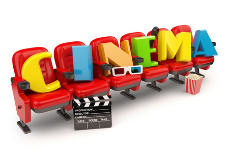 Cinema, movie or video concept. Row of seats with popcorm, glasses and clapper board  isolated on white. 3dの写真素材