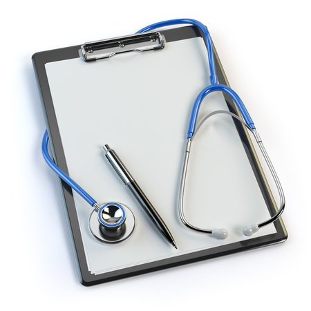 Clipboard withstethoscope and pen isolated on white. Diagnosis or blood test. Medical concept. 3d illustrationの写真素材