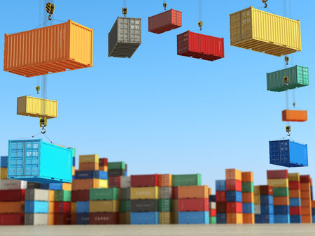 Cargo containers in storage area with forklifts. Delivery  or shipping background concept. 3d...