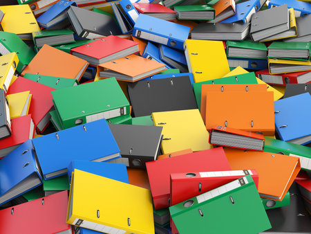 File binders or folders with documents. Paperwork office colourful background. 3d illustration