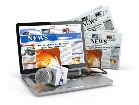 News concept. Laptop with microphone and newspaper isolated on white. 3d illustrationの写真素材