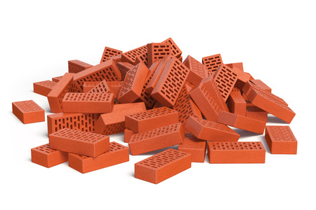 Pile of bricks isolated on white. Construction concept. 3d illustrationの写真素材