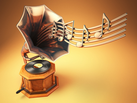 Vintage  gramophone with gold musical notes. Retro background. 3d illustrationの写真素材