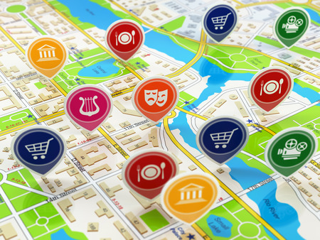 City map and pins with icons. Concept of navigation or gps. 3d illustrationの写真素材