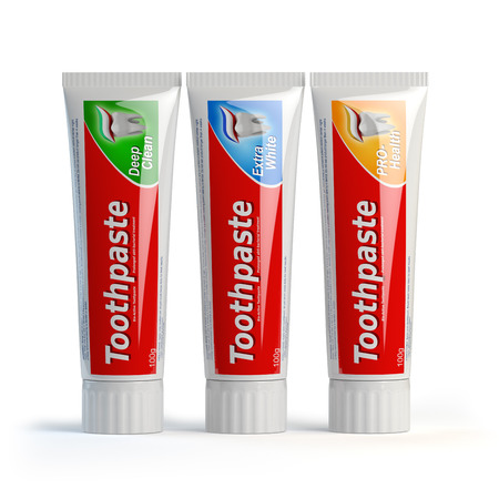 Three toothpaste containers on white isolated background. 3d illustrationの写真素材