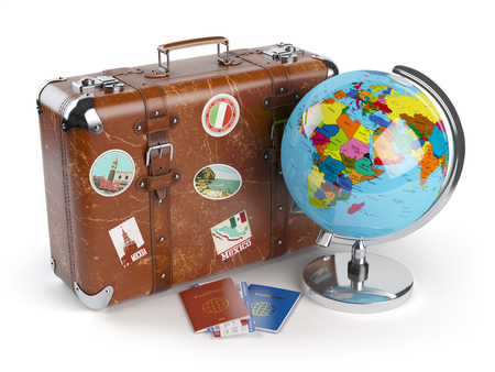 Travel or tourism concept. Old suitcase with stickers, globe and passports with boarding pass tickets isolated on white background. 3d illustrationの写真素材