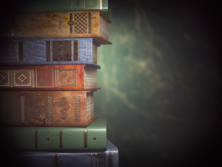Stack of old books on green vintage background. 3d illustrationの写真素材