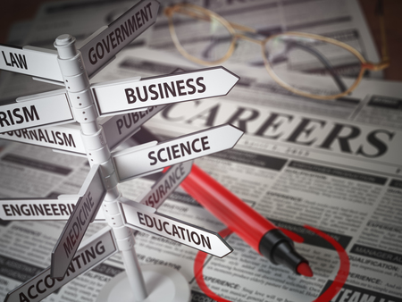 Careers direction fields, Jjob search concept, Newspaper with jobs advertisement and signboard with field of careers. 3d illustrationの写真素材