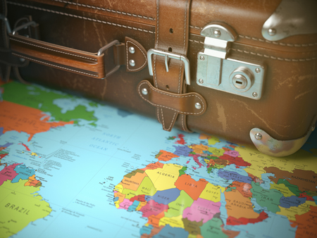 Travel and vacations background concept. Vintage suitcase on the world map. 3d illustrationの写真素材