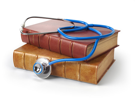 Stethoscope on medical books isolated on white, Medicine and medical education concept. 3d illustrationの写真素材