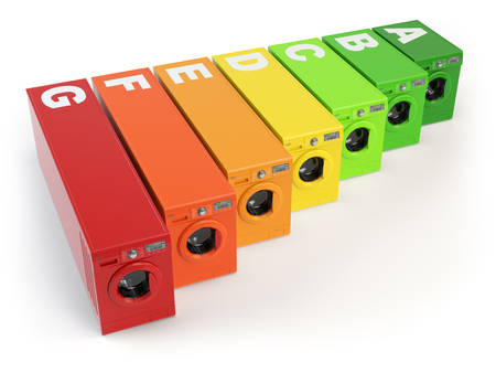 Washing machines certified in energetic classes of energy efficiency isolated on white background. 3d illustrationの写真素材