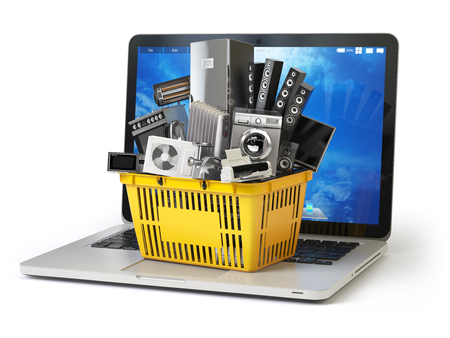 E-commerce online shopping or delivery concept. Home appliance in shopping cart on the laptop keyboard isolated on white. 3d illustrationの写真素材