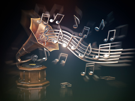 Gramophone with golden notes. Music art background. 3d illustrationの写真素材