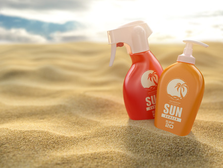 Sunscreen sprays and cream on a sea sand background. Products for sunburn. 3d illustrationの写真素材
