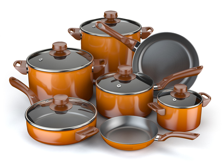 Pots and pans. Set of cooking kitchen utensils and cookware. 3d illustrationの写真素材
