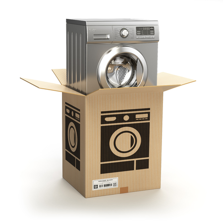 Washing machine in carton cardboard box. E-commerce, internet online shopping and delivery concept. 3d illustrationの写真素材