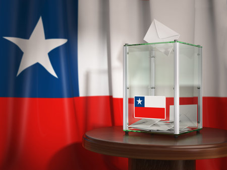Ballot box with flag of Chile and voting papers. Chilean presidential or parliamentary election . 3d illustrationの写真素材
