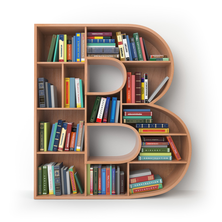 Letter B.  Alphabet in the form of shelves with books isolated on white. 3d illustrationの写真素材