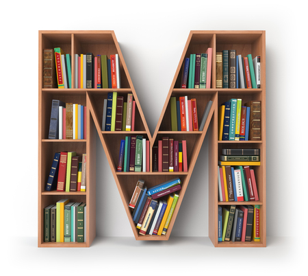 Letter M. Alphabet in the form of shelves with books isolated on white. 3d illustrationの写真素材