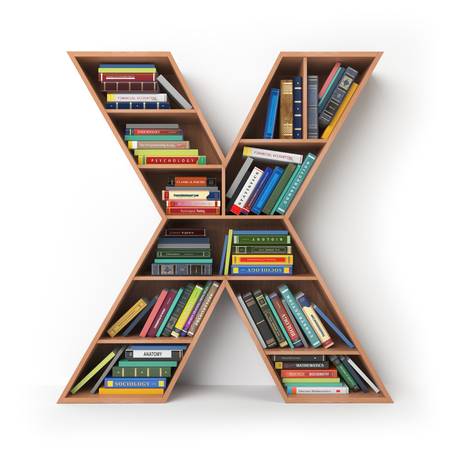 Letter X. Alphabet in the form of shelves with books isolated on white. 3d illustrationの写真素材