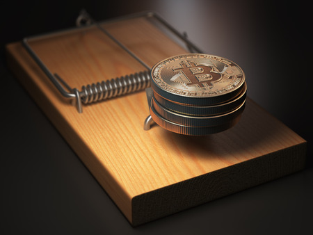 Bitcoin BTC coins in the mousetrap. Financial invetsment risk concept. 3d illustrationの写真素材