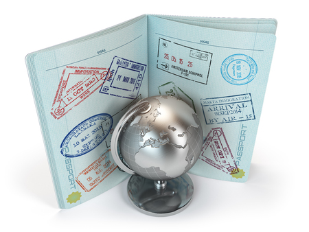 Passport with lot of visa stamps and metal globe isolated on white background. Travel and tourism concept. 3d illustrationの写真素材